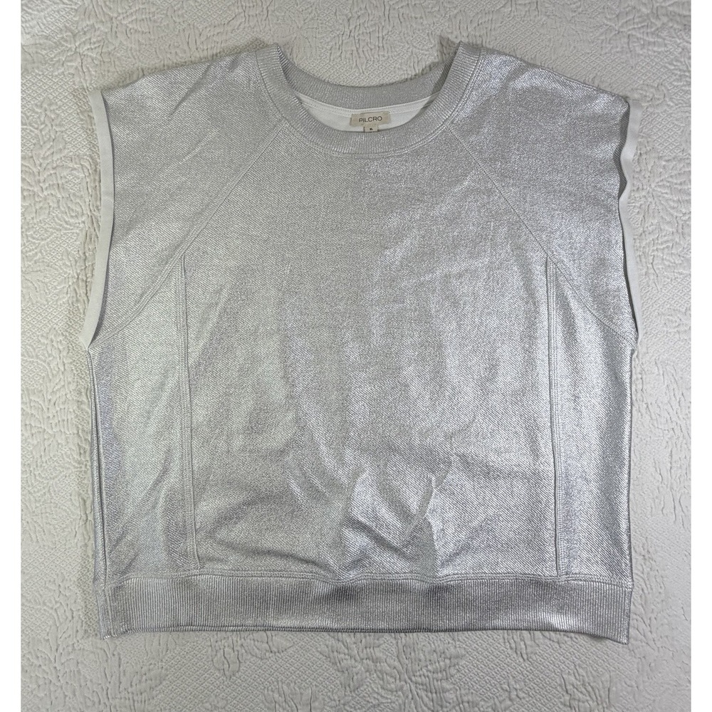 Anthropologie Pilcro Silver Metallic Cap Sleeve Sweatshirt Top XL Retro Boho